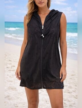 Dotti Black Hooded Sleeveless Swim Coverup, Zip-up Front, NWT, Size Small